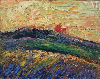 une peinture à l'huile représentant un soleil rouge se couchant sur une colline verte