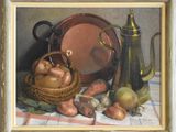 a painting of a still life with a basket of fruit and vegetables