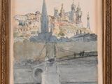 peinture d'un bateau sur un plan d'eau avec une ville en arrière-plan