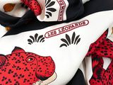 a close up of a scarf with a red and black design on it