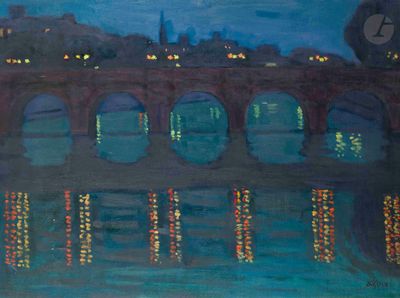 peinture représentant une peinture d'un pont enjambant un plan d'eau, de nuit