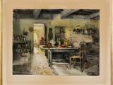 painting of a painting of a kitchen with a table and chairs