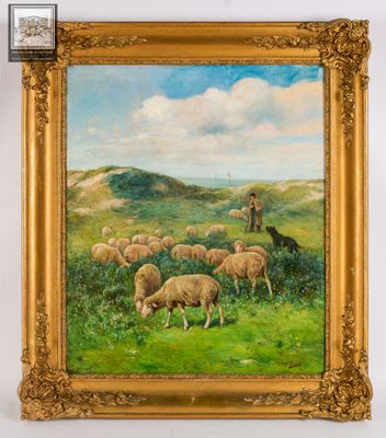 un tableau représentant des moutons paissant dans un champ, avec un homme à cheval
