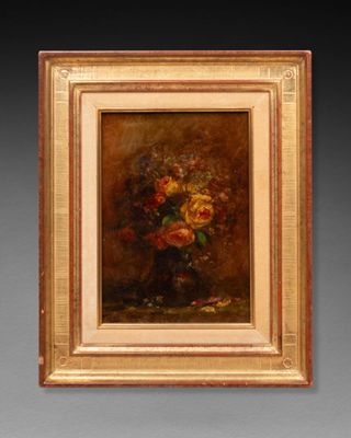 an oil painting of a vase of flowers in a gold frame