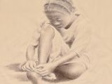 dessin représentant une femme assise par terre, les jambes croisées
