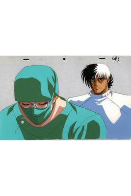 two anime characters are standing next to each other in front of a white background