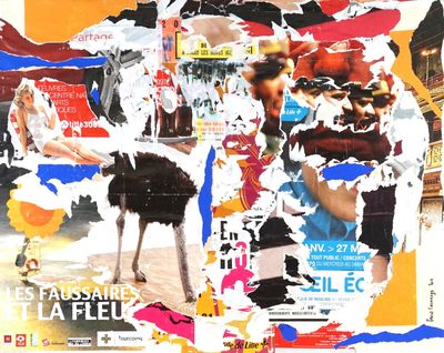 une image représentant un collage d'un homme avec une autruche au premier plan