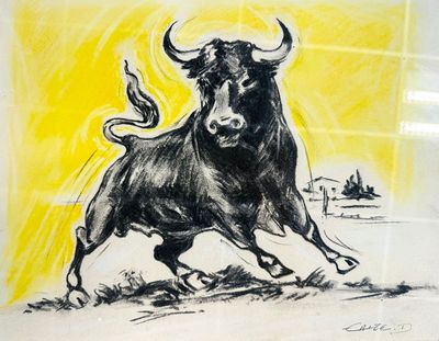 dessin représentant un taureau courant dans un champ, avec un ciel jaune en arrière-plan