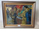 a painting of a group of people standing in a room