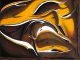 a painting of two greyhounds in a brown and yellow frame