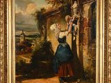 an oil painting of a woman leaning against a wall with a child on her arm