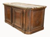 a large wooden cabinet with marble top on a white background