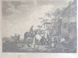 a drawing of a man riding a horse with a group of people around him