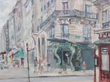 a painting of a street scene with people walking on the sidewalk