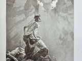 an old black and white drawing of a man on a rock