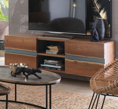 Meuble TV 2 portes CHENO en acacia naturel et gris - dimensi…