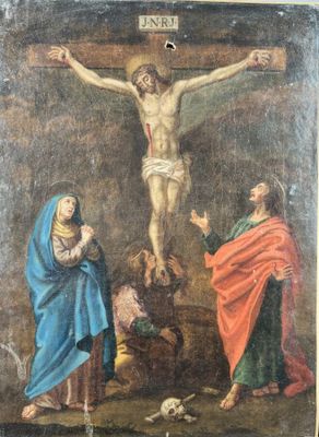 une image d'une peinture de jésus sur la croix avec d'autres personnes