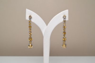a close up of a pair of earrings on a white stand