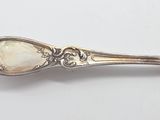 a silver spoon with a spoon handle on a white surface