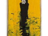 un tableau représentant une femme debout dans un champ de fleurs jaunes