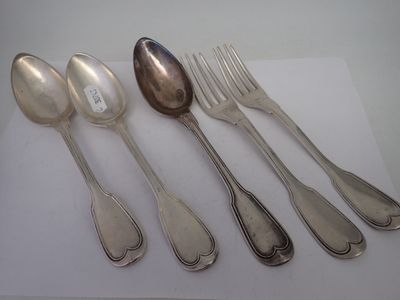 3 cuillères et 2 fourchettes en argent Vieillard, poids 358 gr - Photo 1