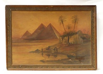 une image représentant un tableau représentant une scène désertique avec une pyramide en arrière-plan