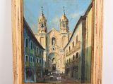 an oil painting of a street scene with a church in the background