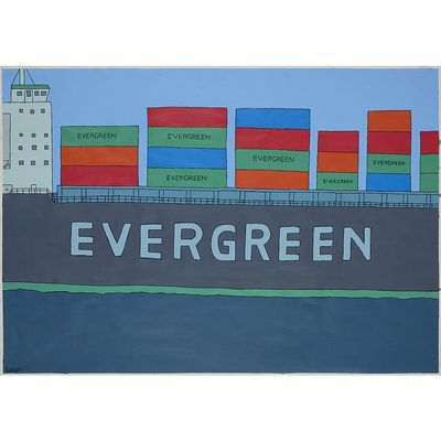 une peinture représentant un cargo sur l'eau