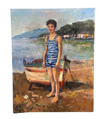 un tableau représentant un garçon debout près d'un bateau sur la plage