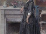 a painting of a woman standing in front of a fireplace