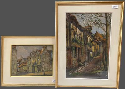 two framed paintings of a street scene with buildings in the background
