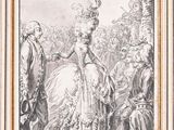an engraving of a woman in a white dress standing next to a man in a suit