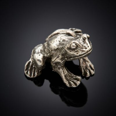 a close up of a silver frog figurine on a black surface