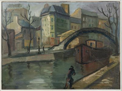 a painting of a person walking on a sidewalk by a river