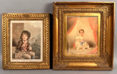 two framed pictures of a young girl and a boy sitting on a couch