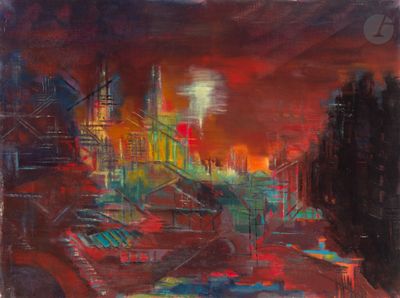 une image représentant un tableau d'une ville la nuit avec un ciel rouge