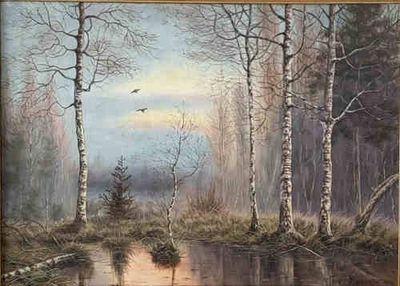 peinture représentant une scène forestière avec un oiseau volant au-dessus de l'eau