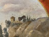 painting of a painting of a house on a hill with a rainbow in the background
