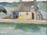 an image of a painting of a house by the water