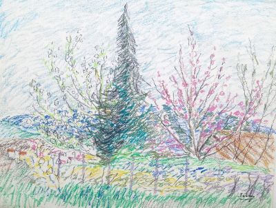 dessin représentant un paysage avec des arbres, des buissons et des fleurs