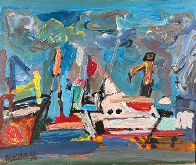 Adrien SEGUIN (1926-2005), Bateau à quai, huile sur toile si…