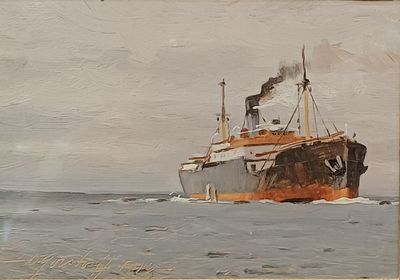 une peinture représentant un grand navire sur l'eau