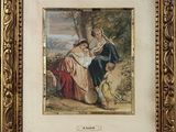 an old picture of a woman and two children sitting on a bench