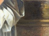 an oil painting of a woman in a white dress holding a bowl of food