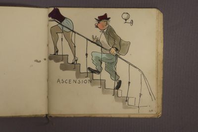 an open book with a drawing of a man on a stair case
