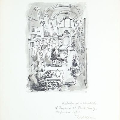drawing of a drawing of people sitting in a library with bookshelves