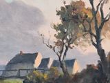 painting of a landscape with a river and a house in the distance