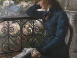 tableau représentant une femme assise sur un balcon, un livre à la main