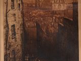 drawing of a view of a city from a hill with buildings