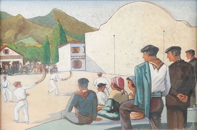 tableau représentant un groupe d'hommes jouant au cricket
